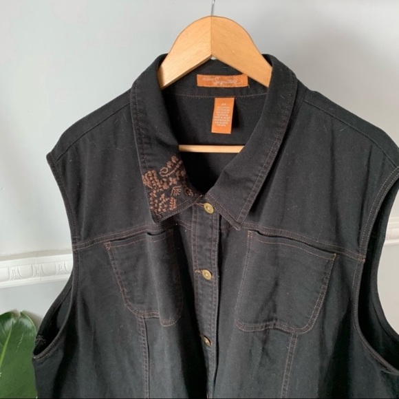 Vintage Jackets & Blazers - + Vintage Black Denim Button Down Vest with Brown Floral Embroidery size 4X